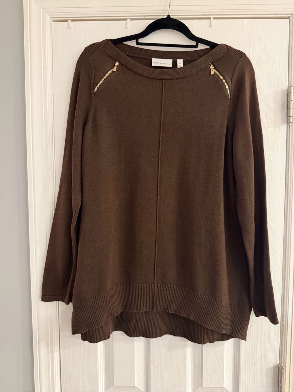 Rafaella Brown Knit Sweater with Gold Shoulder Zippers | Size Large
